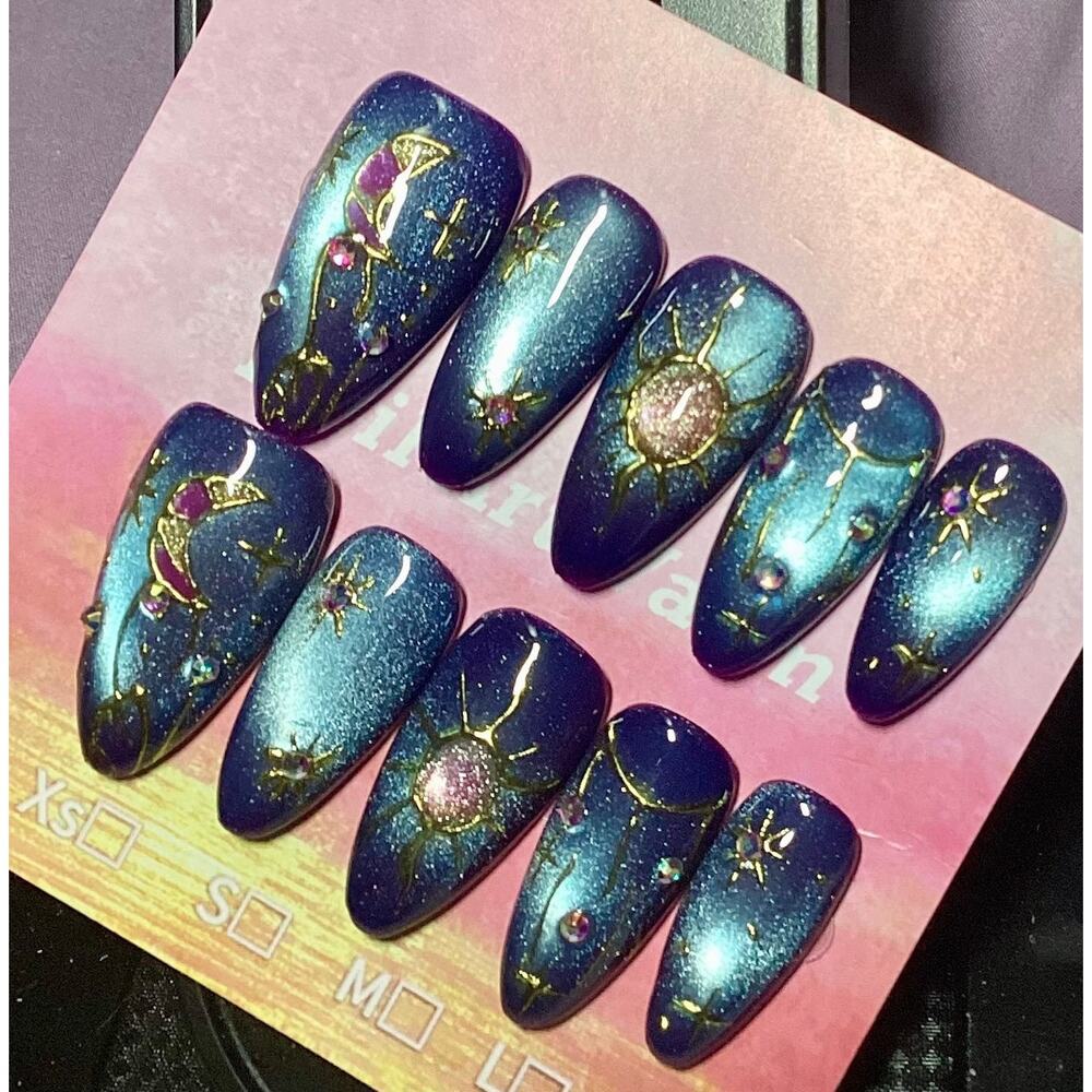 Gorgeous Celestial Theme Blue Cateye Almond Shape Handmade Press-On Nails Medium - Picture 3 of 5